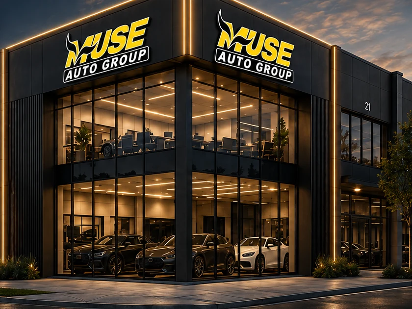 Future Muse Auto Group headquarters exterior at dusk